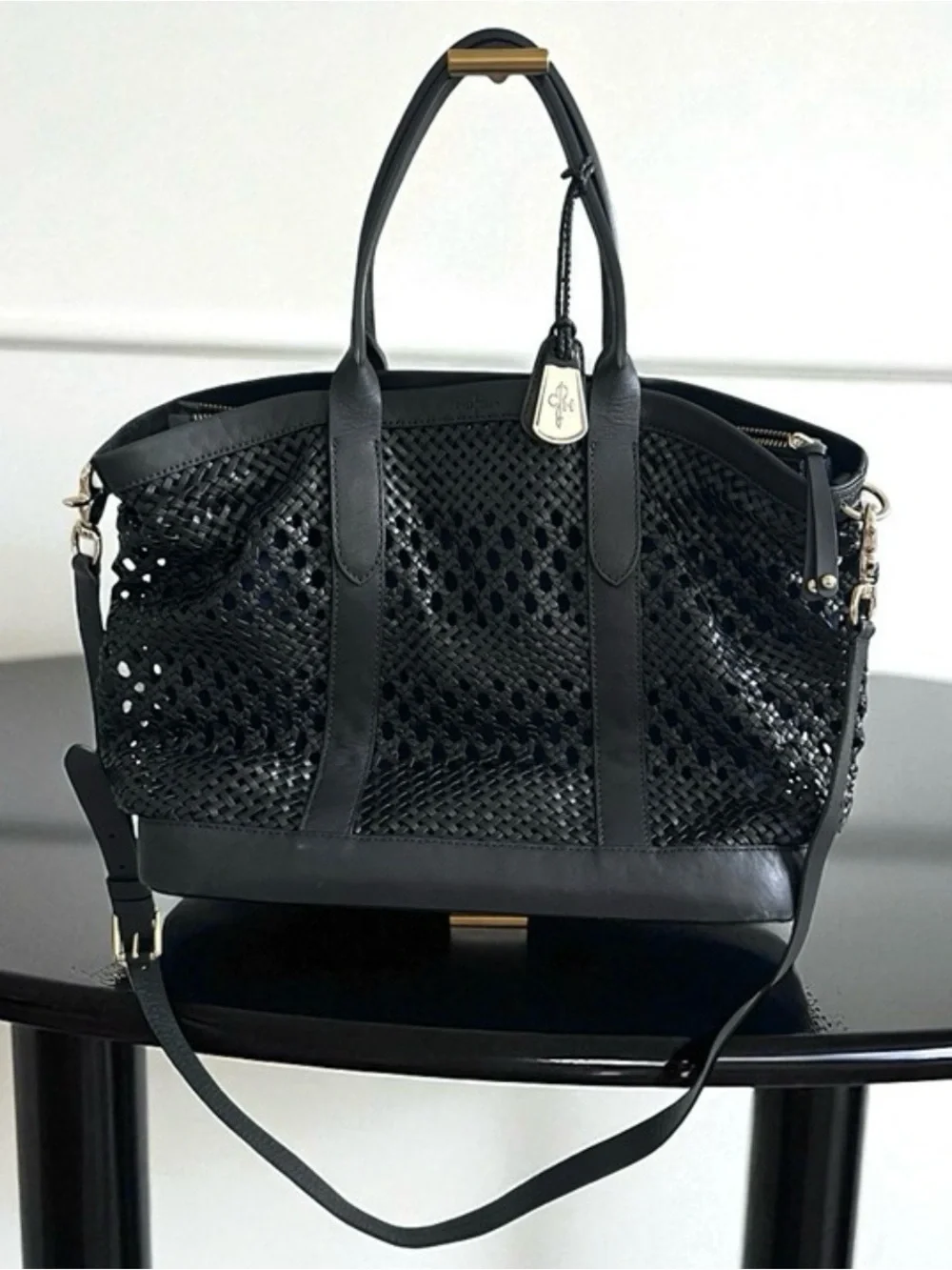 Cole Haan Black Woven Leather Tote with Shoulder Strap